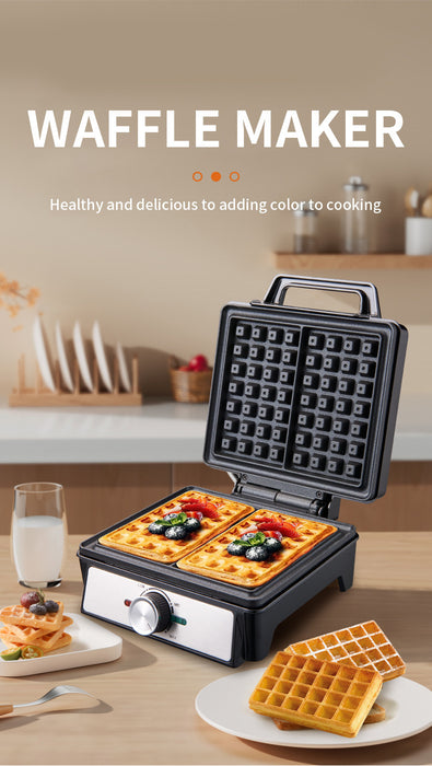 Waffle maker with waffles on a kitchen counter, featuring text about adding color to cooking.
