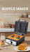 Waffle maker with waffles on a kitchen counter, featuring text about adding color to cooking.
