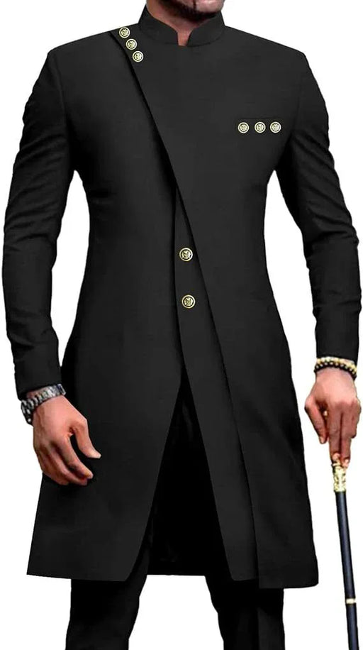 Black formal coat with gold buttons worn by a person on a white background