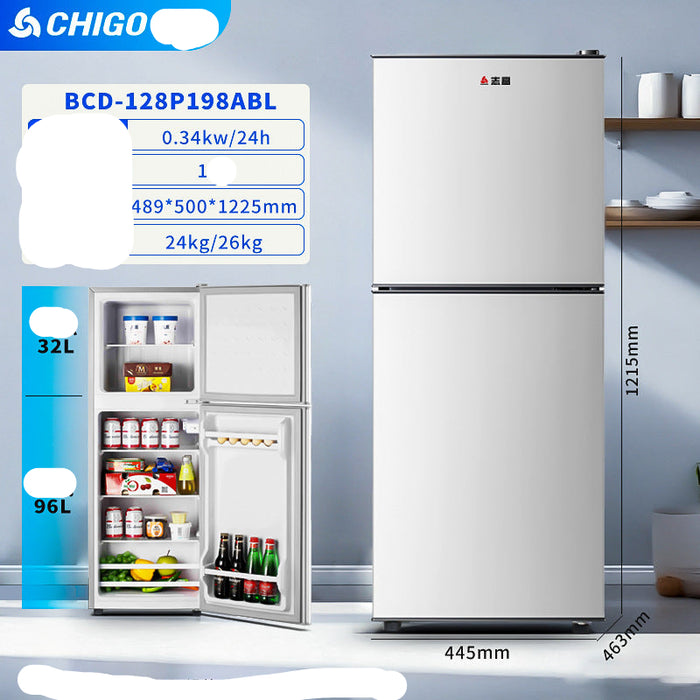 White refrigerator with nutritional information label on a blue background