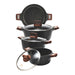 Set of black speckled cookware with wooden handles on a white background