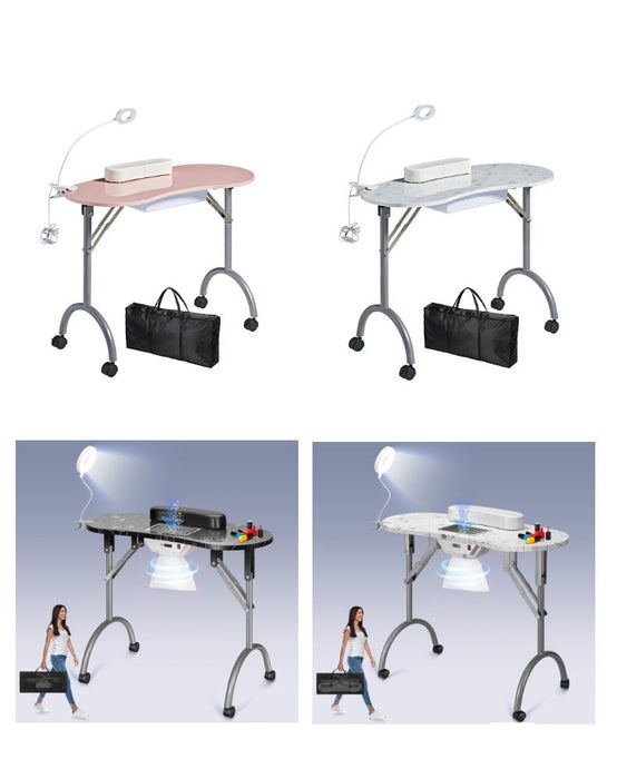 Four views of a portable table with a lamp and black bag on a white background