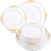 White plates with gold decorative rims stacked on a white background