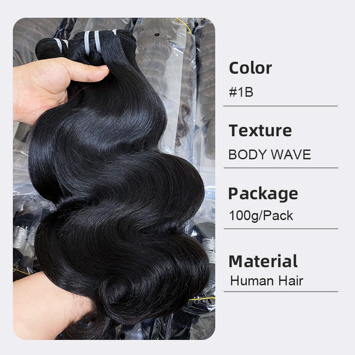 Black hair extensions held by a hand with product details on the right.