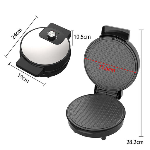 Black waffle maker with dimensions labeled on a white background