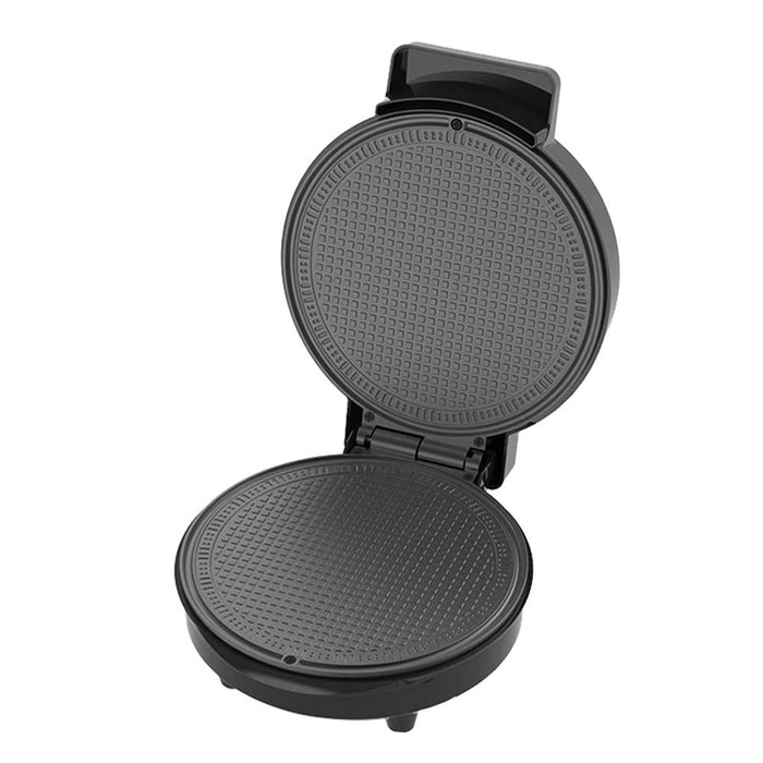 Black waffle maker on a white background