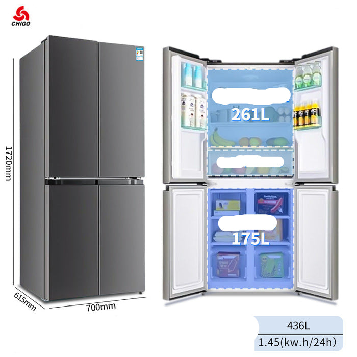 Chigo refrigerator with open doors showing interior compartments and dimensions.