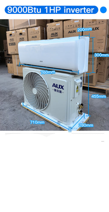 AUX air conditioner with dimensions and specifications displayed on a warehouse floor.