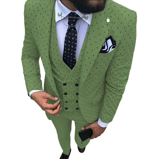 Green patterned suit jacket worn by a person on a white background