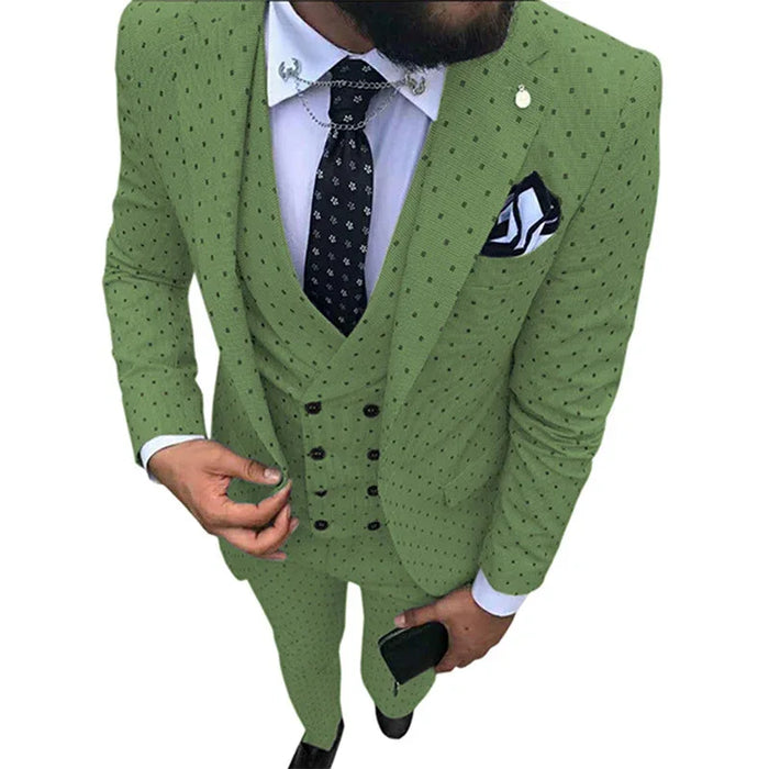 Green patterned suit jacket worn by a person on a white background