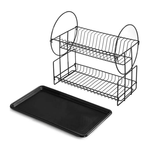 Black dish rack with two shelves and a baking tray on a white background
