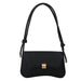 A black leather shoulder bag with a curved flap, a gold-tone front clasp, and a long black braided strap with knotted details, shown against a plain white background.