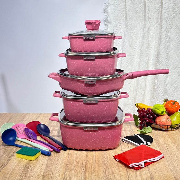 25-Piece Premium Non-Stick Medical Stone Cookware Set in Black and Pink - Dio Kollections