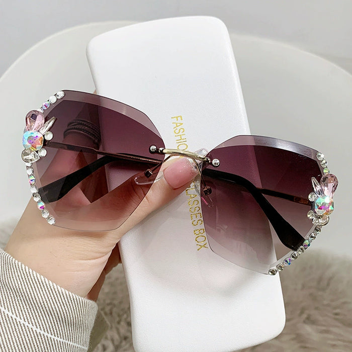 Dio Women's Luxury Designer Gradient Vintage Rimless Rhinestone Lens Sunglasses - Dio Kollections