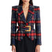 Plaid blazer with a gold belt buckle on a white background