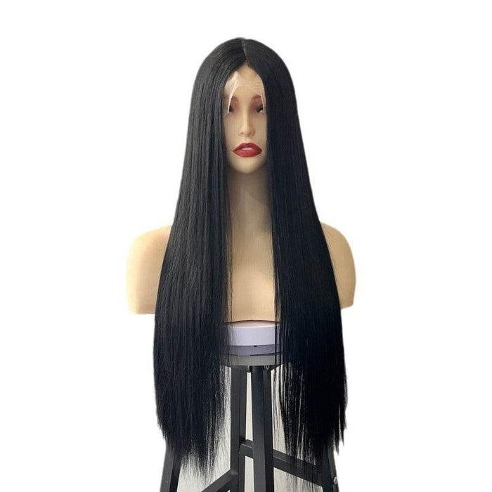 Star Style Long Black Straight Wig with Medium-Parted Bangs