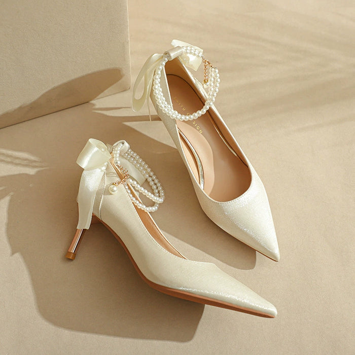 Pointy High Heels Thin heels 2024 New Bow Pearl Trip Srap Work Shoes Fashion Light Mouth Sexy Shoes - Dio Kollections