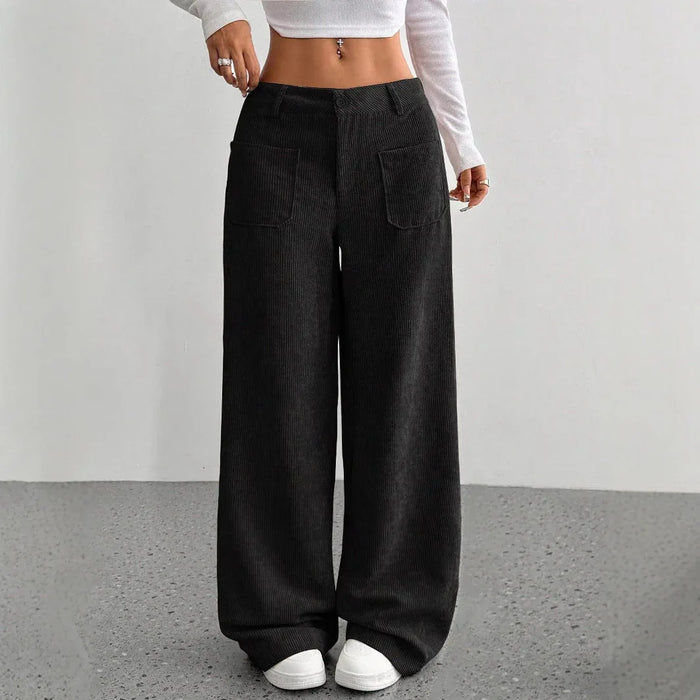 Corduroy High-Waisted Loose Floor-Length Wide-Leg Pants Front and Back Pockets