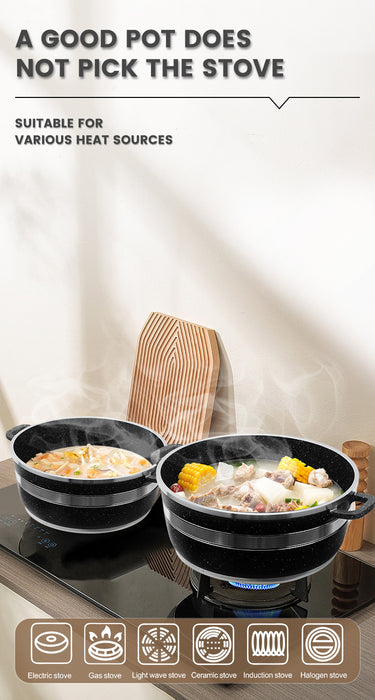 Two pots on a stove with food, suitable for various heat sources.