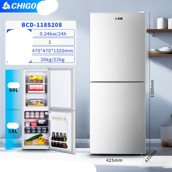 CHIGO refrigerator with open door showing interior and specifications on a light blue wall background.