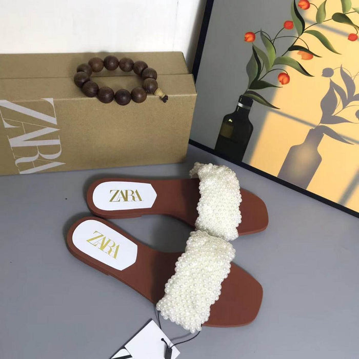 Women's White Pearl Woven Flat Sandals - Versatile & Fashionable Beach Footwear - Dio Kollections