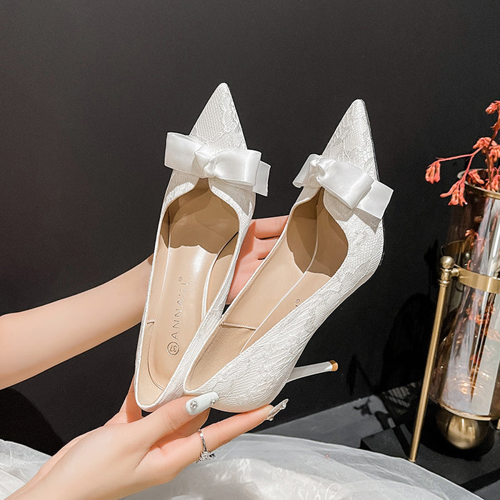 Western-Style High Heel Bow Lace White Wedding Stiletto Banquet Shoes