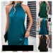 Teal sleeveless dress worn by a model with additional images of the dress.