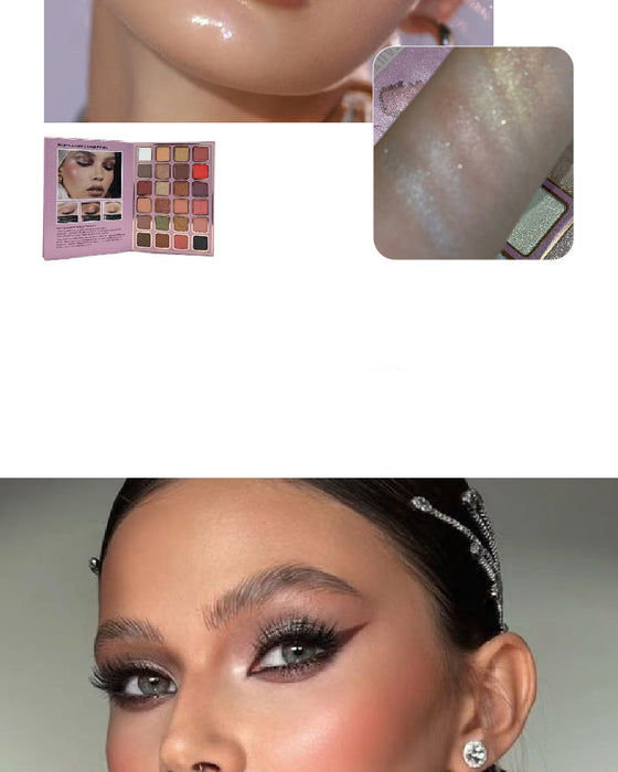 Makeup product with close-up of application and model wearing makeup.