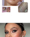 Makeup product with close-up of application and model wearing makeup.
