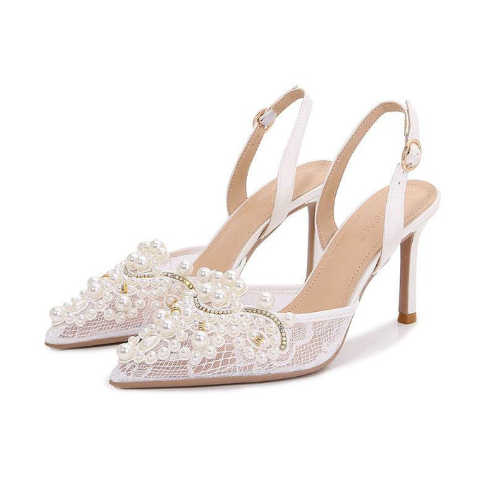 Elegant Pearl Stiletto Heels for Women – High Fashion Lace Wedding Shoes - Dio Kollections