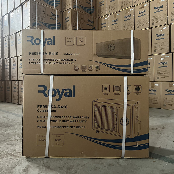Stack of Royal air conditioner boxes in a warehouse setting
