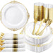 Gold and white party supplies including plates, cups, and cutlery on a white background.