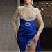 Dio Splendid High Neck Prom Robe Pleated Thigh Split Party Maxi Blue Gold Evening Dresses - Dio Kollections