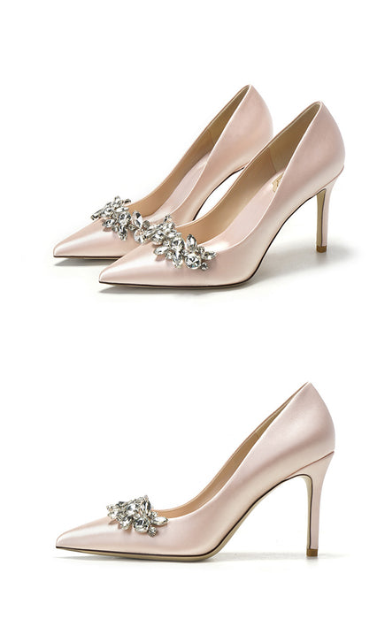 Crystal Champagne White Satin Bridesmaid Stiletto High Heel Shoes