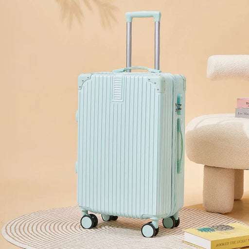 Light blue suitcase on a beige background with a chair and books.