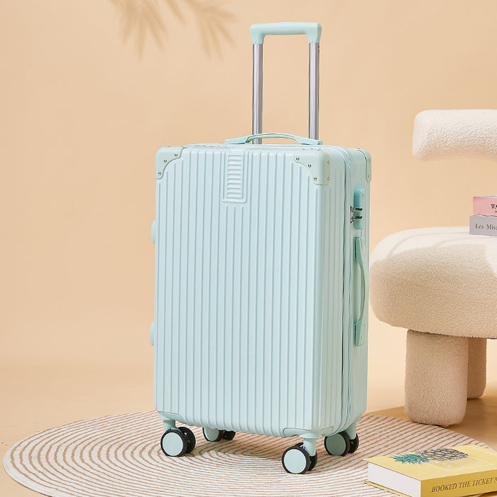 Light blue suitcase on a beige background with a chair and books.