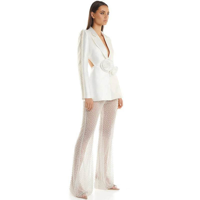 Three-Dimensional Flower Pearl Sequined Mesh Trousers Suit - Dio Kollections