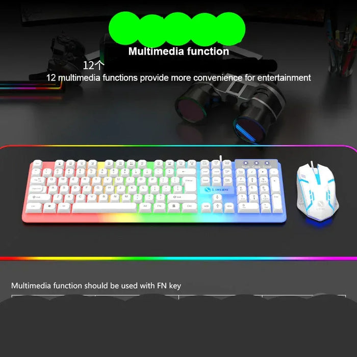 Keyboard and mouse set with multimedia function text on a dark background