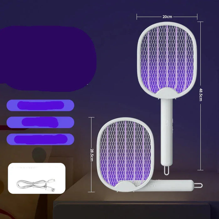 Electric fly swatter with dimensions and features on a dark background