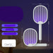 Electric fly swatter with dimensions and features on a dark background