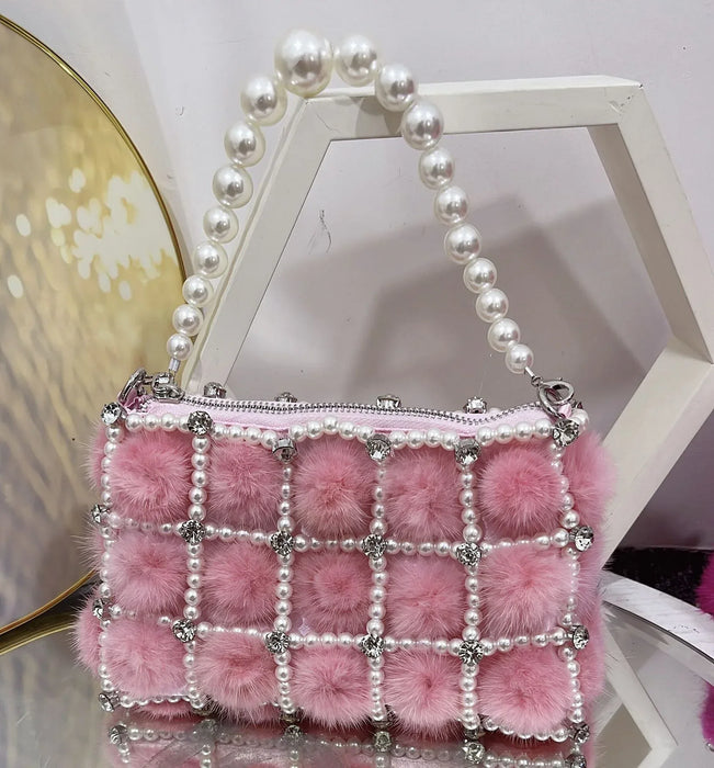 Pearl Diamond Chain Mink Fur French Fairy Single Shoulder Crossbody Bag