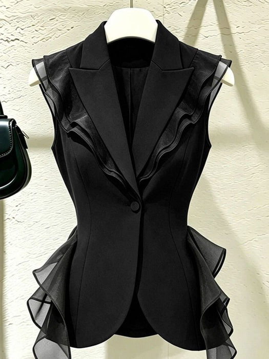 Dio Elegant Black Ruffled Top Stylish French Vest Sophisticated