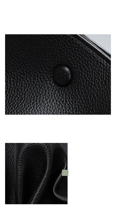 Close-up of a black leather bag with a button detail, showing texture and design.