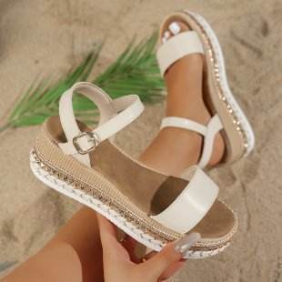 36-42 Sandals One-Strap Thick Sole Buckle Wedge Women's Glossy - Dio Kollections