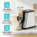 Multifunctional kitchen grinder with features for fine grind, thin slice, and coarse shred on a kitchen counter.