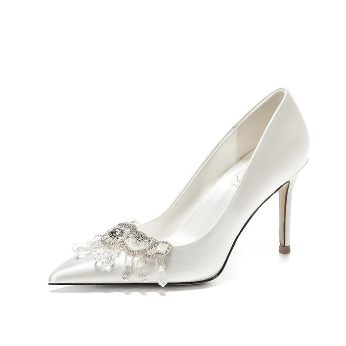 French Pointed Toe Rhinestone Elegant White Satin High Heel Wedding Shoes