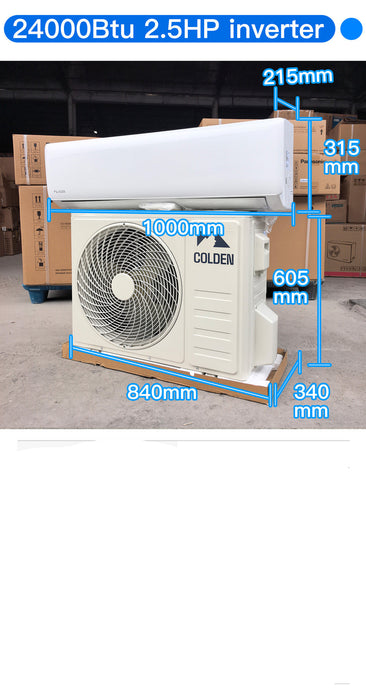 Air conditioning unit with dimensions labeled on a warehouse floor