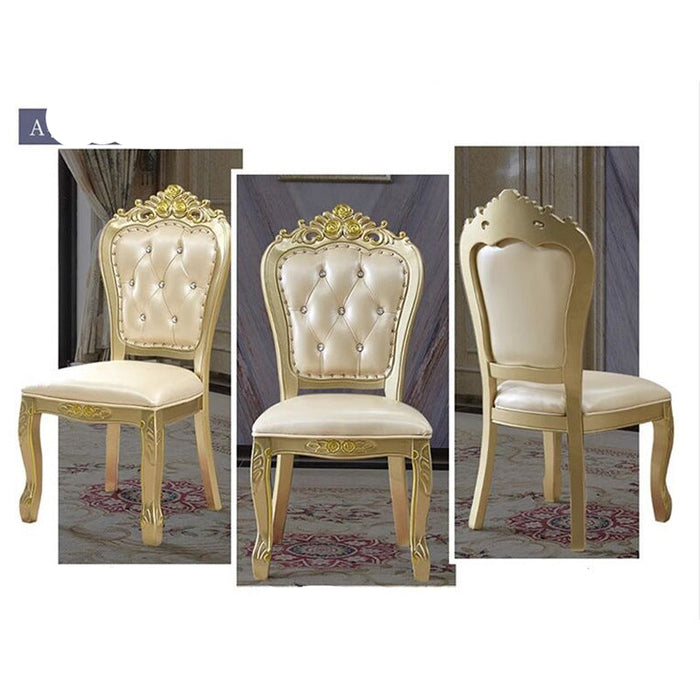 Decorative chair with gold accents and white cushioned seat and back in three views.