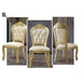 Decorative chair with gold accents and white cushioned seat and back in three views.