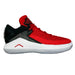 Red and black sneaker with white sole on a white background